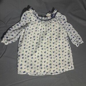 Janie and Jack Girls Blue Floral Gold Metallic Stripe Ruffle Blouse 18-24 Months